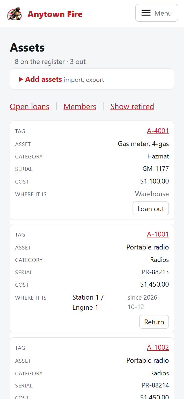 The equipment register on a phone: each asset, its tag, its cost and where it is