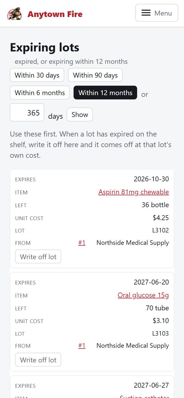 Medical supplies nearing their expiration dates, listed on a phone