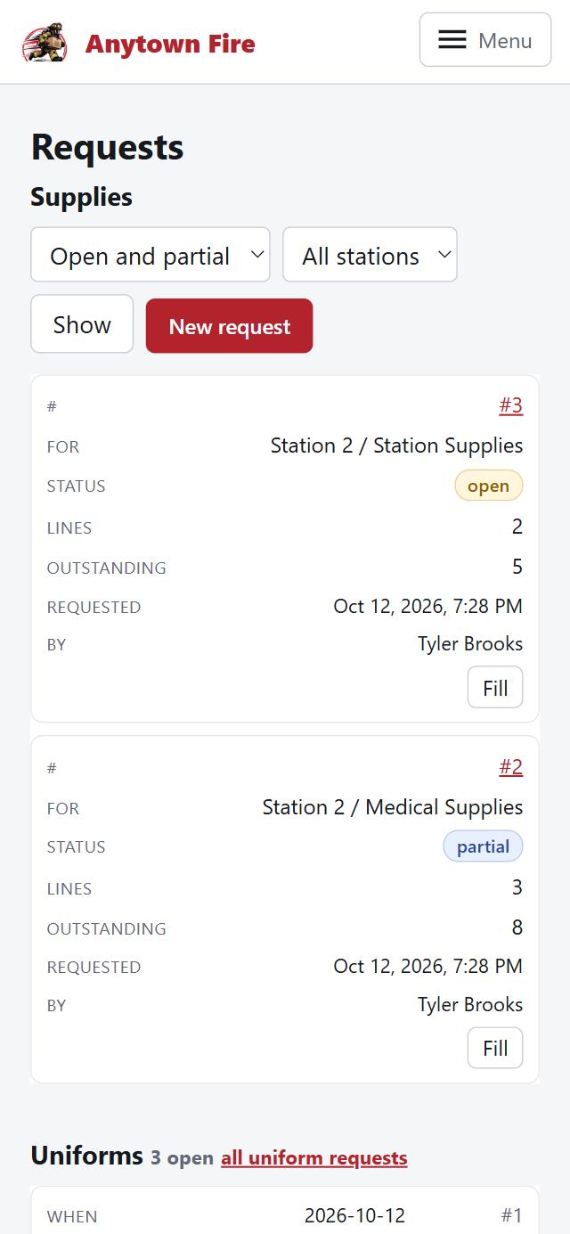 Open supply requests from a station, waiting on the warehouse, on a phone