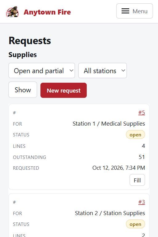 The logistics officer's list of open supply requests from every station, on a phone