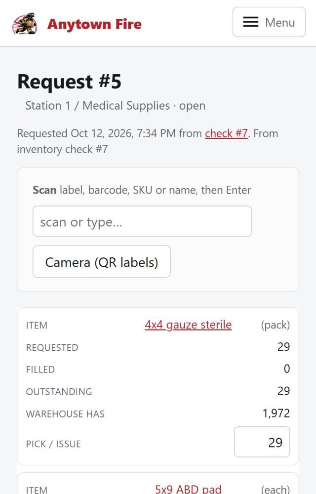 A station's supply request being filled from warehouse stock, on a phone