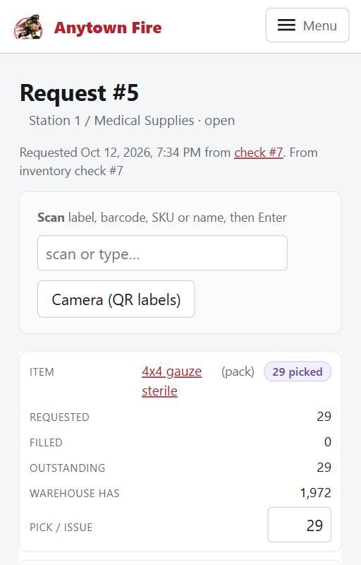 A supply request with every line picked for delivery to the station, on a phone