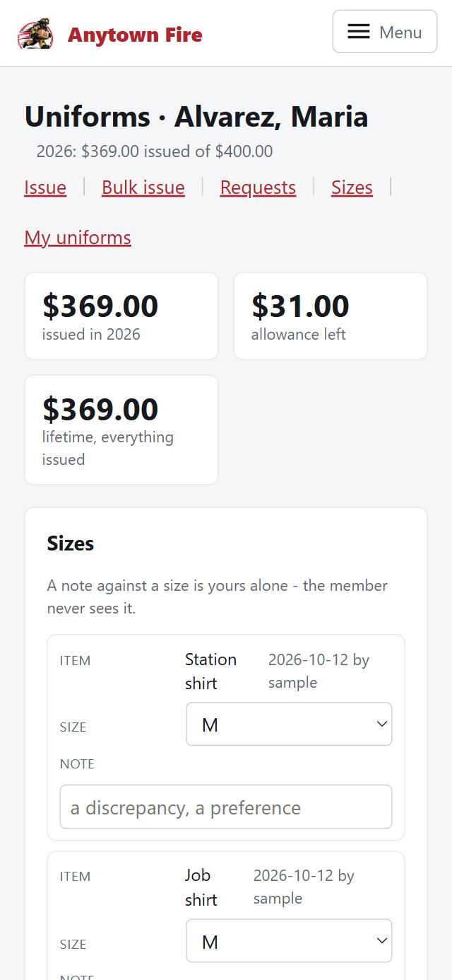 A member's uniform record on a phone: issued this year, allowance left and lifetime cost